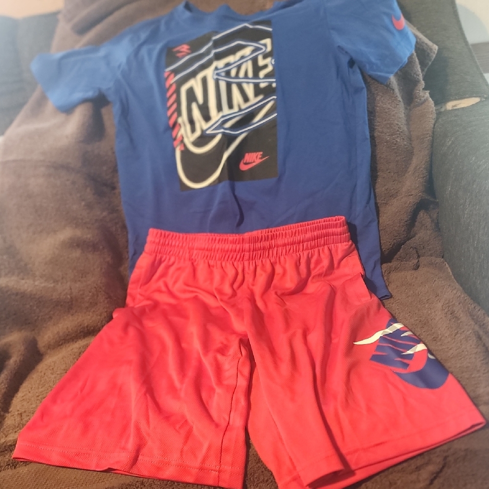Nike Blue Graphic Tee with Red Athletic Shorts Set